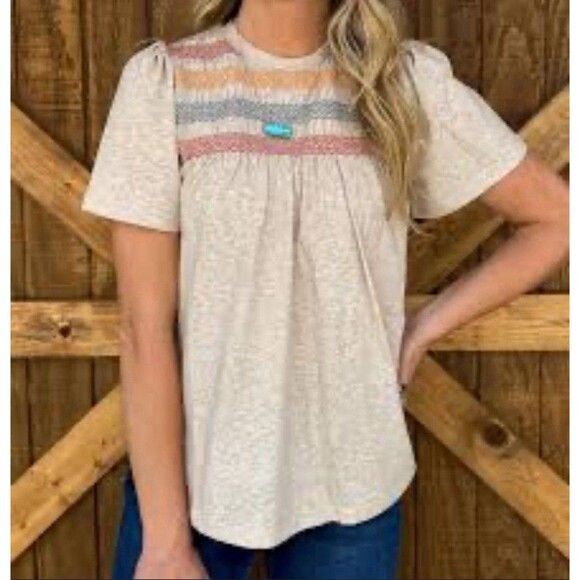 THML Embroidered Short Puffy Sleeve Boho Top Size Small Womens - Picture 1 of 8